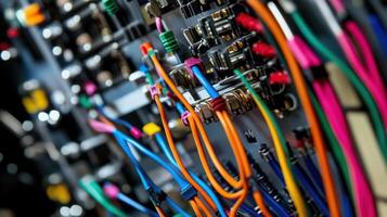Colorful electrical wires connecting to circuit board in industrial setting photo