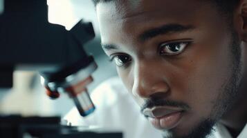 Focused scientist observing through microscope lens photo