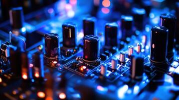 Electronic components lighting up on circuit board in blue and orange tones photo