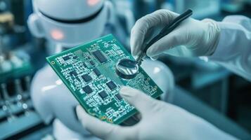 Robotics engineer examining circuit board with precision photo