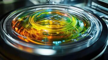 Petri dish with agar medium rotating in laboratory centrifuge creating colorful reflections photo
