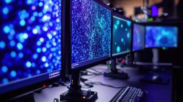 Multiple computer monitors displaying scientific data photo