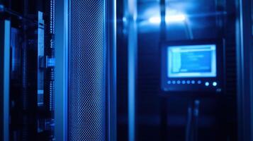 Illuminated server room with digital display photo