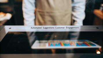 A closeup view of a virtual assistance feature embedded in the hologram providing automated suggestions for improving customer engagement based on displayed analytics.. photo