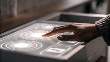 A closeup of a users hand reaching toward a holographic button with the glowing projection detailed against a backdrop of sleek modern design elements.. photo