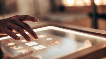A closeup of a holographic touch panel displaying interactive options with a users hand poised above the surface to select features.. photo