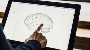A closeup view of a digital display featuring a 3D model of the human brain as a seminar facilitator points out key areas linked to cognitive enhancements.. photo