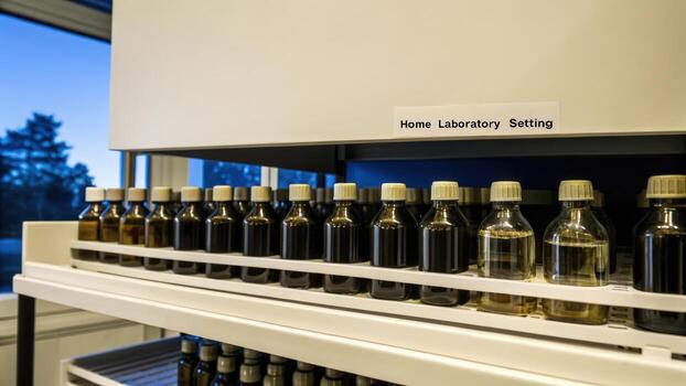 A neatly organized shelf filled with bottles of various reagents annotated labels clearly showing their contents and concentrations in a bright and airy home laboratory setting.. photo