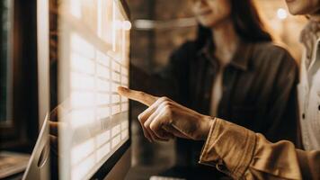 Closeup of a hand manipulating a virtual holographic slider bar to adjust parameters in a data model while a colleague observes on an interactive screen.. photo