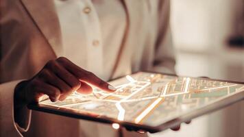 A closeup of a business professional using a tablet that projects a 3D holographic map of the smart city with vivid landmarks and data points illuminating the space.. photo