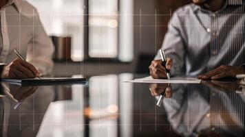 A transparent overlay of a project timeline appears over a sleek conference table capturing the attention of two individuals who jot down notes their silhouettes reflected on the. photo