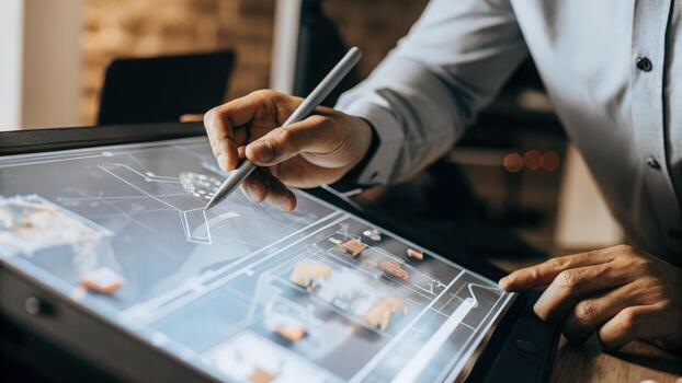 A professional uses a stylus to draw on a holographic dashboard which instantly updates a 3D model illustrating logistical operations and supply chain dynamics.. photo