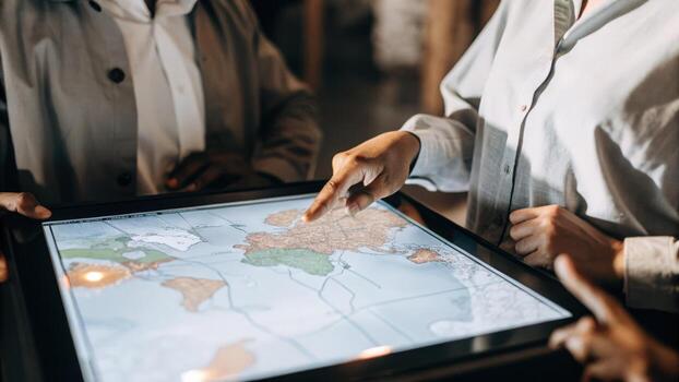 A closeup of a digital interface showing a holographic map of global operations with individuals discussing potential markets and regions for expansion.. photo