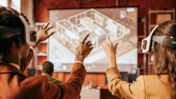 A virtual training session in progress with participants interacting with a simulated holograph of a complex system illustrating handson learning through immersive technology.. photo