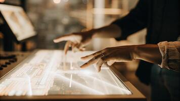 A focused scene capturing a pair of hands controlling a holographic dashboard displaying a live data feed from various sources emphasizing the interactivity and accessibility of. photo
