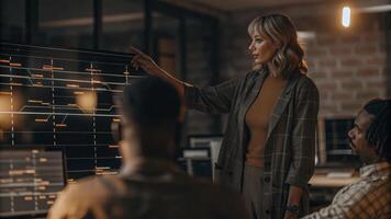 A supply chain analyst reviews a holographic timeline of product delivery schedules her hand hovering over crucial milestones as she discusses improvements with team members. photo