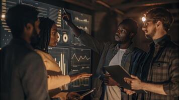 A team of diverse employees gathered around a holographic interface displaying key performance indicators with one member pointing at rising metrics and others taking notes.. photo