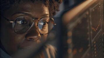 A closeup of eyes wide with curiosity as a user interacts with a multicolored holographic risk visualization exploring correlations between various compliance aspects.. photo