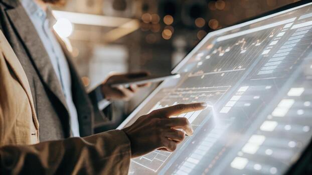 An advanced virtual dashboard with glowing charts and timelines where a project manager actively drags and drops tasks in a holographic space demonstrating interactive project. photo