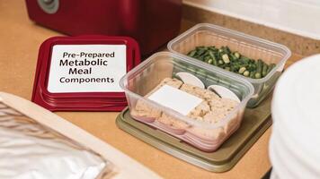 An engaging shot of a microwavesafe container with preprepared metabolic meal components each labeled and organized on a counter next to a weighing scale.. photo