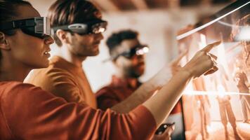 A focused group of individuals wearing augmented reality glasses interacting with a realtime holographic display that simulates merger scenarios emphasizing innovative. photo