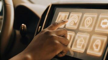 A medium closeup of tactile interaction with a 3D dashboard where a user swipes through various performance metrics with glowing icons representing different data points.. photo