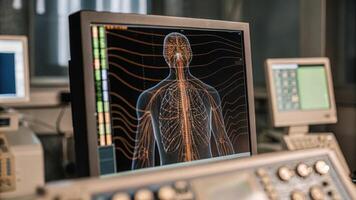 A monitor displaying a 3D model of the human nervous system with highlighted areas responding to biofeedback data set against an array of advanced lab equipment.. photo