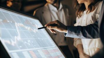 A closeup of a futuristic hologram showing financial analytics with a data scientist using a stylus to highlight trends and patterns to a captivated audience.. photo