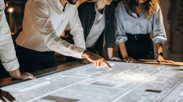 A medium shot of a group of engineers collaborating at a hightech table where holographic prototypes and metrics are displayed indicating their innovative brainstorming process.. photo