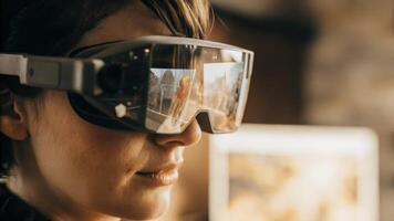A closeup view of an augmented reality headset worn by a young professional immersed in a holographic training module that illustrates the principles of digital transformation.. photo