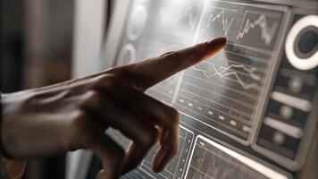 A closeup of fingers tapping on a translucent holographic panel revealing detailed analytics that alter visually in response to the interaction.. photo