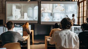 An interactive learning space where individuals participate in a virtual seminar surrounded by holographic educational materials and simulations that enhance their entrepreneurial. photo