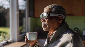 A closeup of an elderly man with deepset wrinkles looking through augmented reality glasses that display his glucose levels as he pauses thoughtfully with a cup of tea in a sunlit. photo
