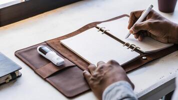 A human model writing in a leatherbound journal with a digital thermometer water intake tracker and herbal supplements visible on the desk encapsulating the blend of traditional. photo