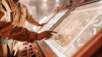 A focused technician adjusts settings on a transparent touchscreen interface while vibrant holographic graphs and schematics float above the console illustrating realtime. photo