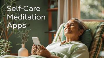 An elderly person resting in an armchair clutching a digital device with a serene expression surrounded by a peaceful environment that emphasizes the importance of selfcare apps. photo