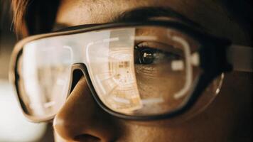 A closeup of a users eyes focused intently on a holographic interface expressing engagement as they navigate through investment options using intuitive hand motions.. photo