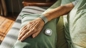 An elderly persons hand resting on a pillow showcasing a small discreet sleep tracker attached to their pajamas emphasizing the integration of technology in their nighttime. photo