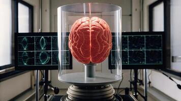 A conceptual image of a brain in a laboratory setting with holographic displays tracking the effects of neurostimulation on cognitive processes.. photo