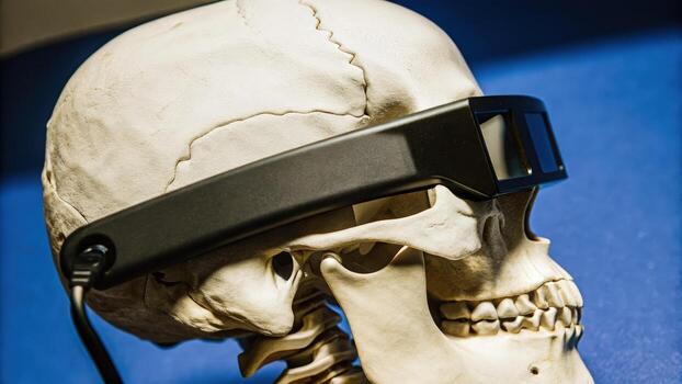 A closeup of the neural interface headset positioned on a human skull with an Xraylike effect displaying the alignment of the headset with the brains surface emphasizing spatial. photo