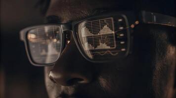 A pair of glasses worn by a participant revealing augmented holographic projections of key performance indicators enhancing the collaborative atmosphere.. photo