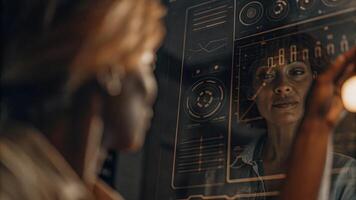 A closeup on a users expression of concentration as they strategize with a holographic interface that projects various statistical analyses and predictive models creating an. photo