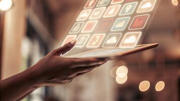 A sharp focus on a hand hovering just above a holographic menu selecting various project options that light up in a colorful array demonstrating seamless user interaction.. photo