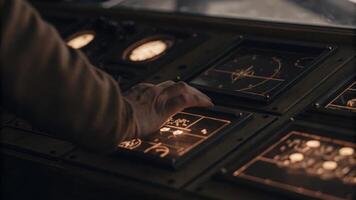 A close view of multiple holographic gauges and indicators delicately glowing as a user swipes through various analytical views with fluid hand motions.. photo