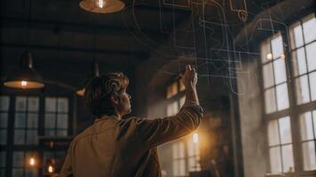 A young entrepreneur sketches ideas in the air above a virtual canvas where digital notes and diagrams materialize capturing the energy of an innovative workspace.. photo