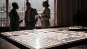 Closeup of multicolored holographic charts floating above a sleek conference table with silhouettes of business leaders deep in discussion around them.. photo