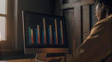 A business analyst deeply focused on adjusting a floating bar graph interface with vibrant colors representing different departments and their performance.. photo