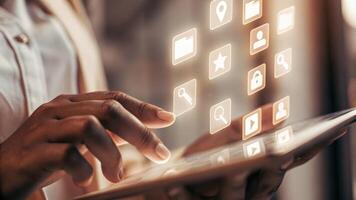 An intricate view of a persons fingers swiping through a holographic task manager with floating icons categorizing different project tasks emphasizing fluid interaction.. photo