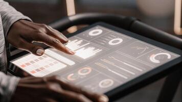 Closeup detail of a holographic interface displaying key performance indicators with dynamic animations that respond to a users hand movements.. photo