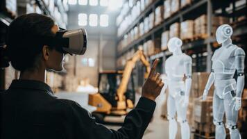 A virtual reality headset user navigates through a simulated warehouse environment interacting with holographic avatars of robots and inventory systems for training purposes.. photo